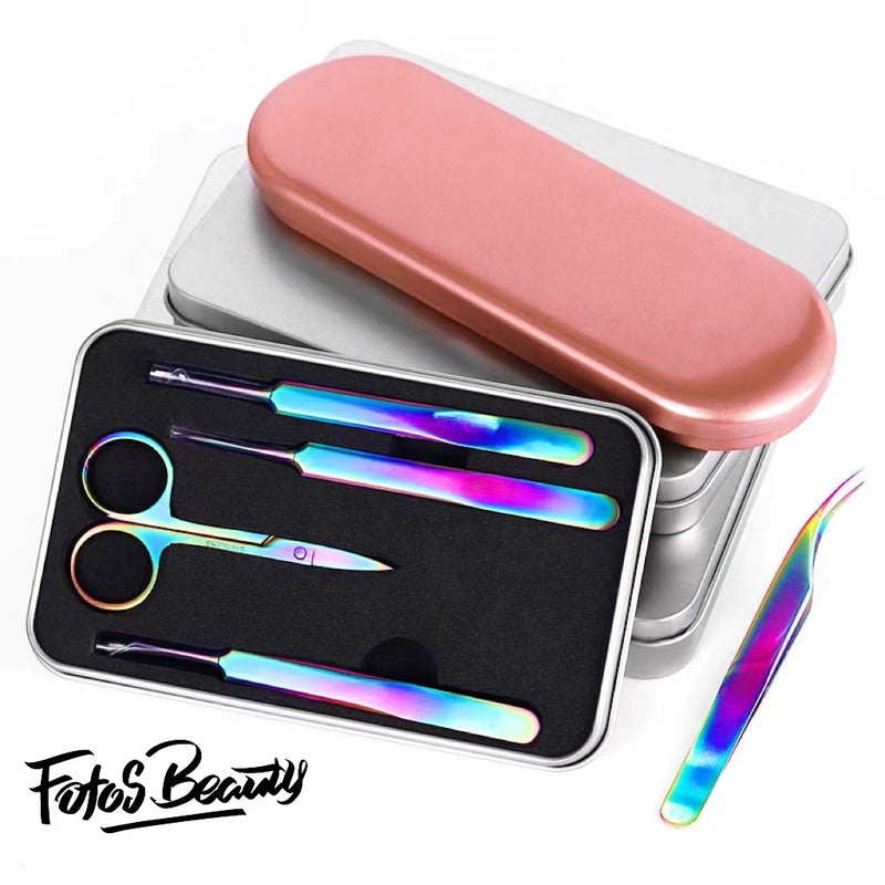 Fofosbeauty 4pcs Rainbow Stainless Steel Precision Tweezers Set For Nail Art