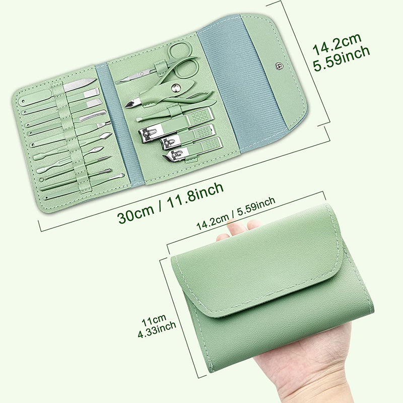 Fofosbeauty16 pcs Nail Care Tools with Luxurious Leather Travel Case (Green) Gift for her