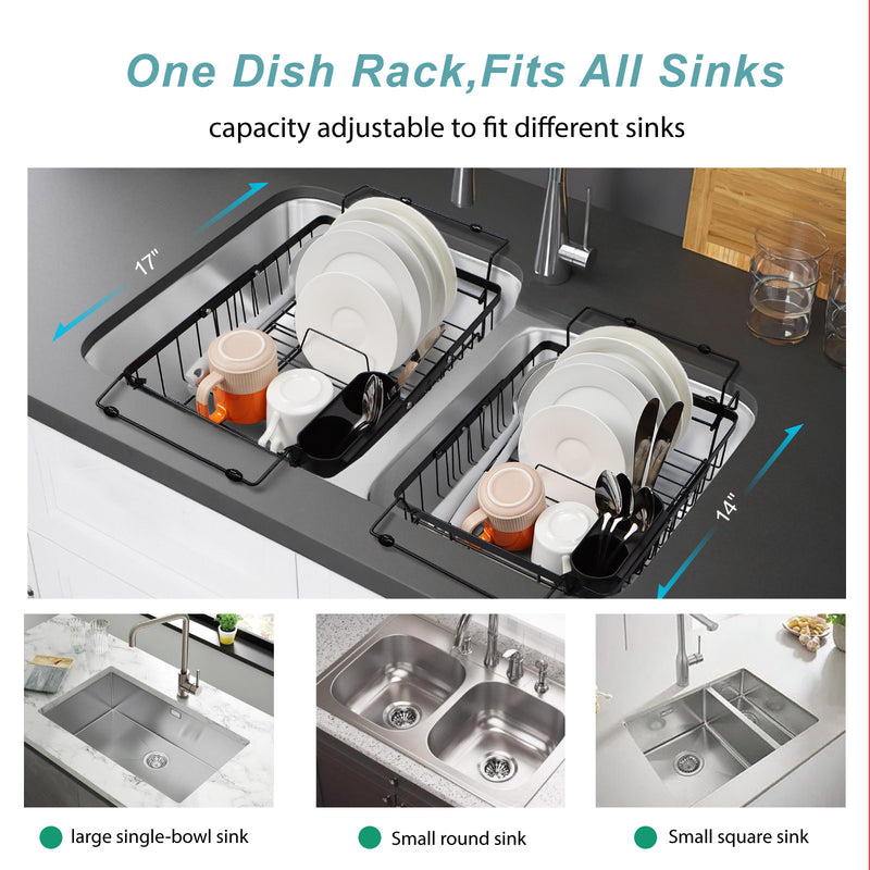 Fofosbeauty Sink Dish Drying Rack - 3 Sizes Capacity Expandable Over Sink Dish Rack, in Sink Dish Drainer for Kitchen Counter with Utensil Holder Large Capacity, Fit 14"-17.5" Sink, Black
