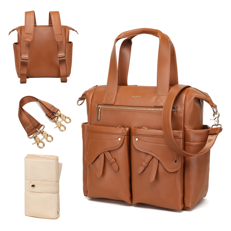 Tote Brown Leather Diaper Bag Backpack