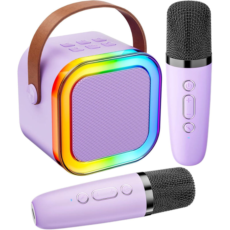 Fofosbeauty Karaoke Machine for Kids Adults, Portable Bluetooth Mini Karaoke Microphone Singing Speaker with 2 Wireless Mic and Light,Toys for All Smartphones,Birthday,Home Party (Purple)