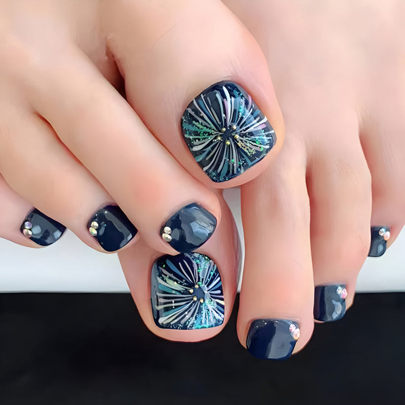 Square Gorgeous Firework Blue Toe Nails