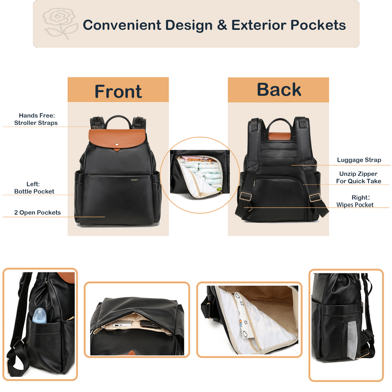 Black Leather Diaper Bag Backpack