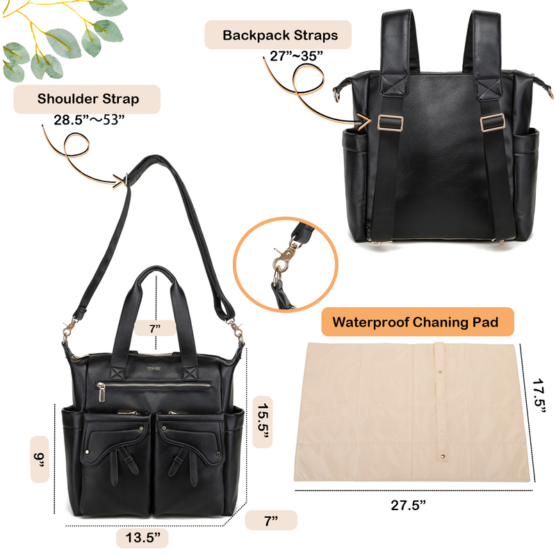 Tote Black Leather Diaper Bag Backpack