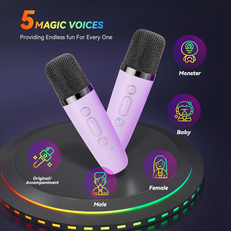 Fofosbeauty Karaoke Machine for Kids Adults, Portable Bluetooth Mini Karaoke Microphone Singing Speaker with 2 Wireless Mic and Light,Toys for All Smartphones,Birthday,Home Party (Purple)