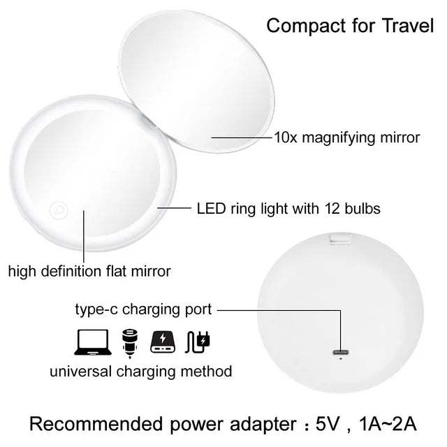 Compact Mirror with LED Light,1x/10x Magnifying Rechargeable Mirror,3.5in , Dimmable Travel Mirror for Purse, Pocket, Handheld 2-Sided Makeup Mirror (White 1Pack)