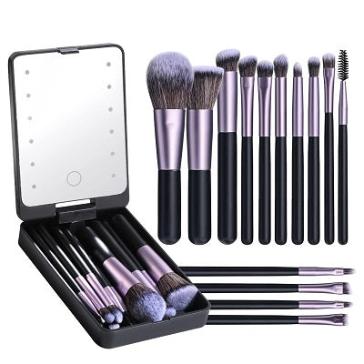 Fofosbeauty Travel Makeup Brush Set Foundation Powder Concealers Eye Shadows Makeup Set with LED light Mirror 14 Pcs (Black)