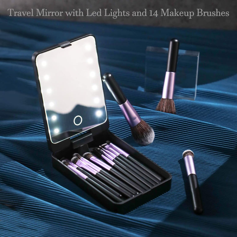 Fofosbeauty Travel Makeup Brush Set Foundation Powder Concealers Eye Shadows Makeup Set with LED light Mirror 14 Pcs (Black)