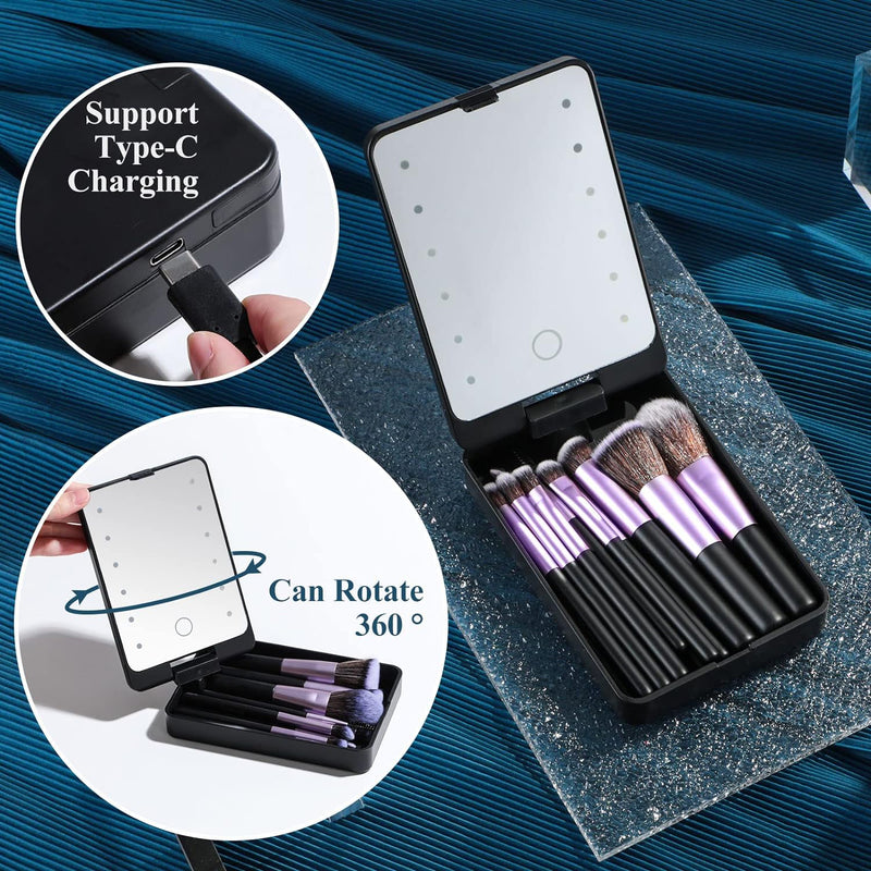 Fofosbeauty Travel Makeup Brush Set Foundation Powder Concealers Eye Shadows Makeup Set with LED light Mirror 14 Pcs (Black)