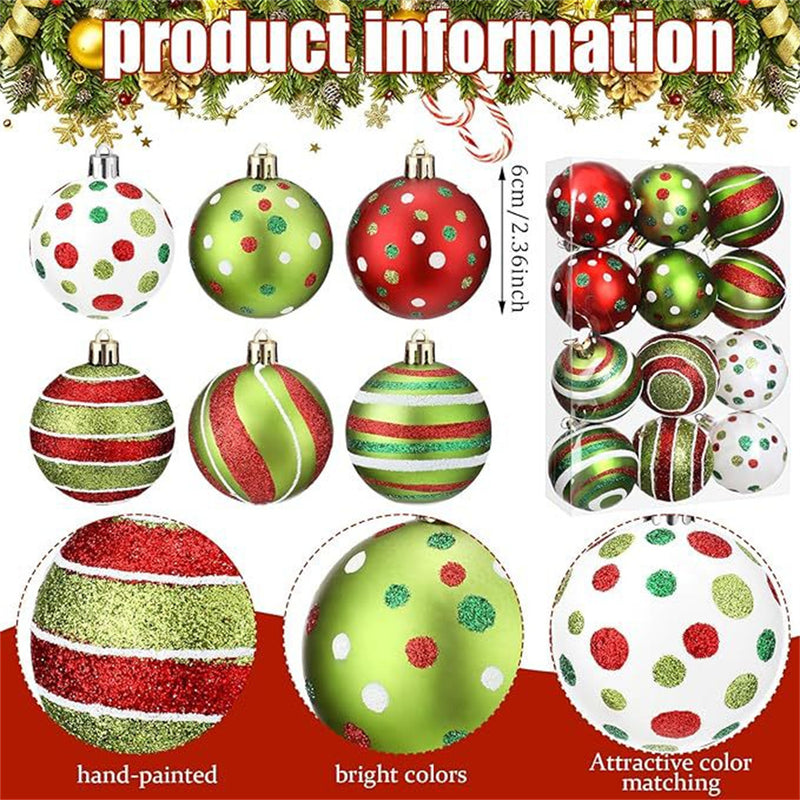 12PCS Christmas Ornaments,  2.4 Inch Glittering Hanging Xmas Christmas balls, Christmas decorations for Tree Decoration Swirl Candy Cane Elf Balls Plastic Christmas Baubles, Red+Green