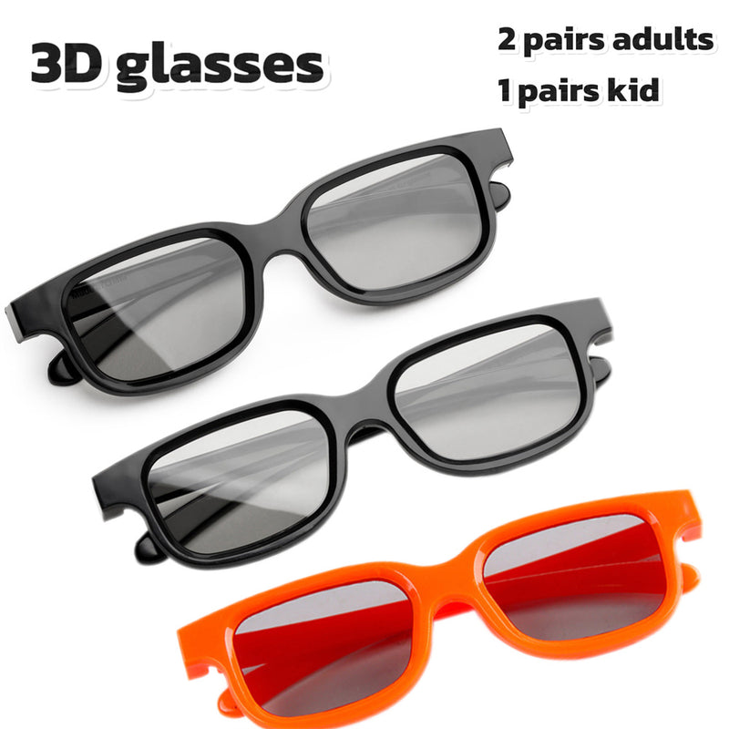 3pairs 3D Glasses, Circular Polarized Non-Flashing Passive 3D Glasses for Supports 3D TV And Cinema, Adult(2pairs Black) + Kid(1pair Orange)