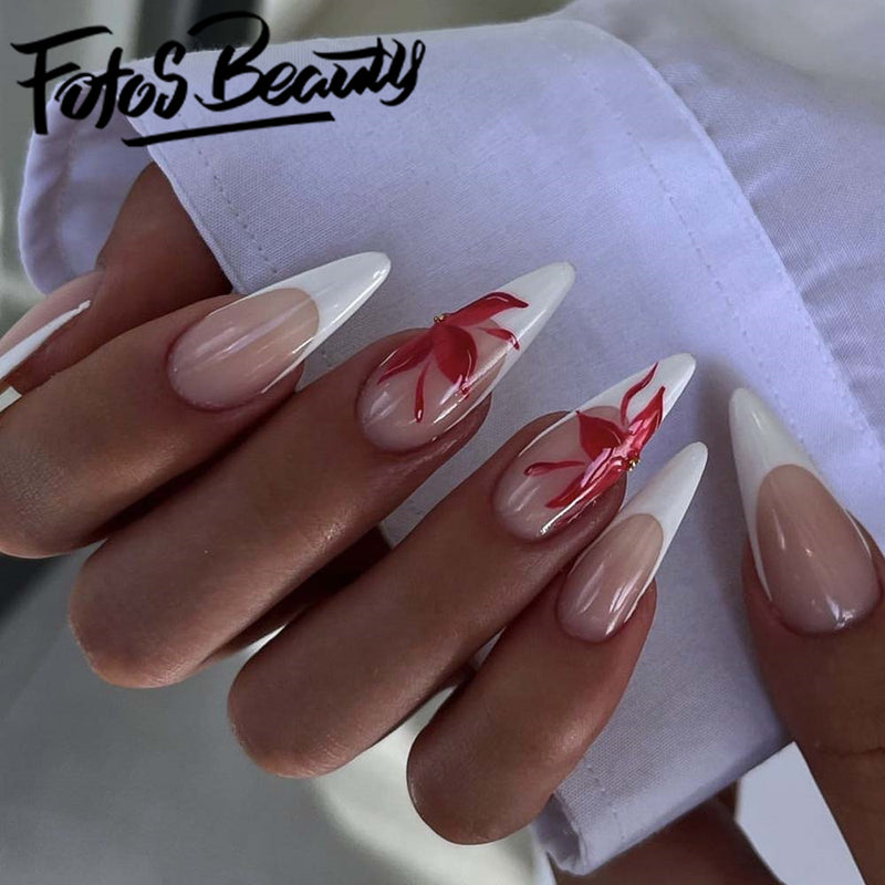 Stiletto Teardrop Nail Red Maple Leaf