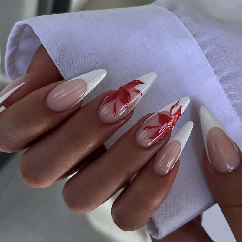 Stiletto Teardrop Nail Red Maple Leaf