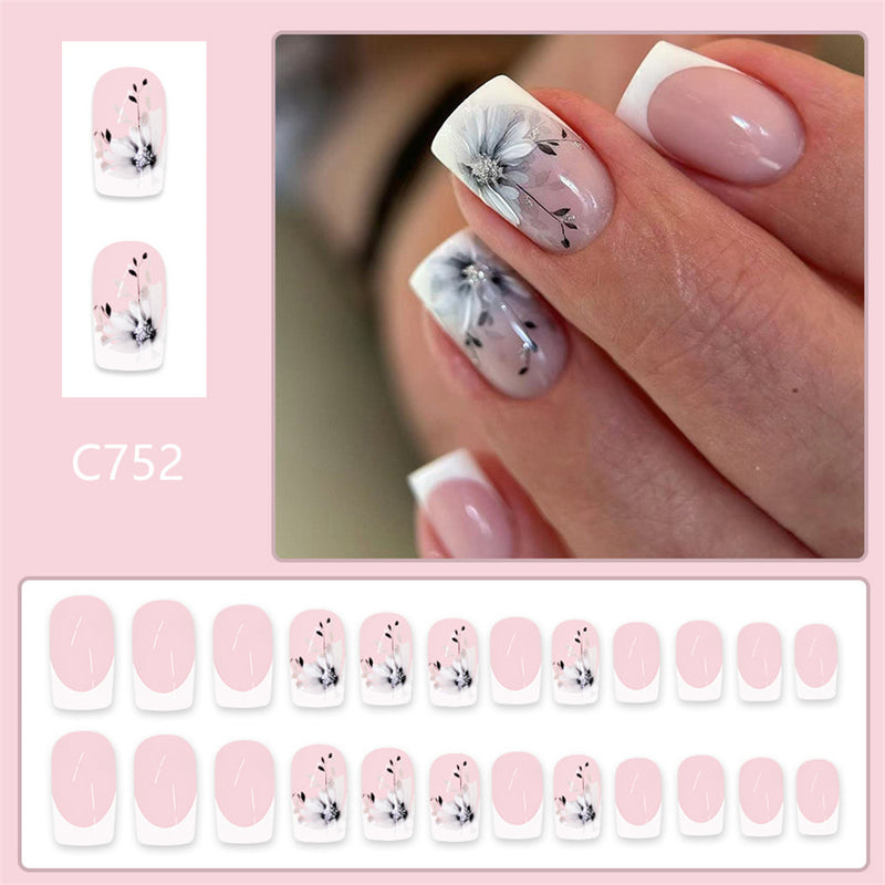 Fofosbeauty 24pcs Press on Nails, Fake Nails, Full Cover Acrylic Nails for Girls Women Kids, Square Fashion French Ink Flowers Pink