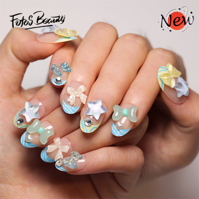 Fofosbeauty 24pcs Press on Nails, Fake Nails, Full Cover Acrylic Nails for Girls Women Kids, Oval Kid Cartoon 3D Star Bow Blue White