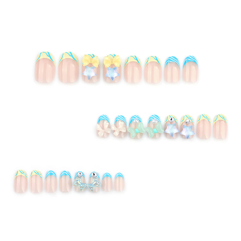 Fofosbeauty 24pcs Press on Nails, Fake Nails, Full Cover Acrylic Nails for Girls Women Kids, Oval Kid Cartoon 3D Star Bow Blue White