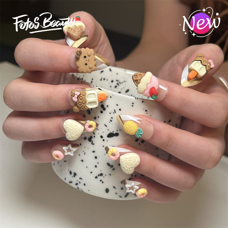 Fofosbeauty 24pcs Press on Nails, Fake Nails, Full Cover Acrylic Nails for Girls Women Kids, Almond Kid IceCream Cake Cute Cartoon Biscuit