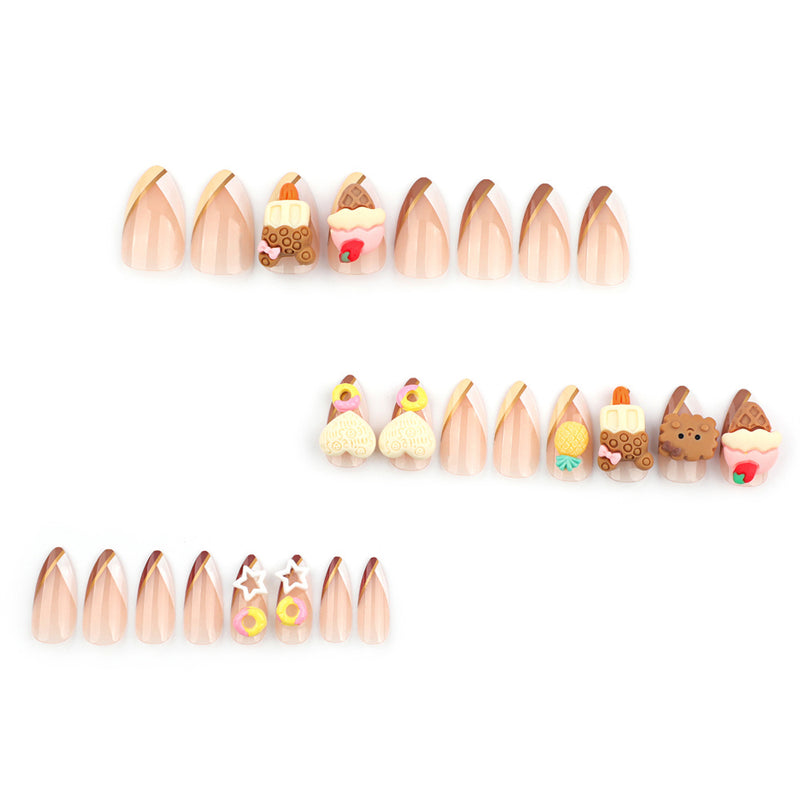 Fofosbeauty 24pcs Press on Nails, Fake Nails, Full Cover Acrylic Nails for Girls Women Kids, Almond Kid IceCream Cake Cute Cartoon Biscuit