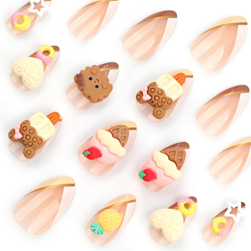 Fofosbeauty 24pcs Press on Nails, Fake Nails, Full Cover Acrylic Nails for Girls Women Kids, Almond Kid IceCream Cake Cute Cartoon Biscuit