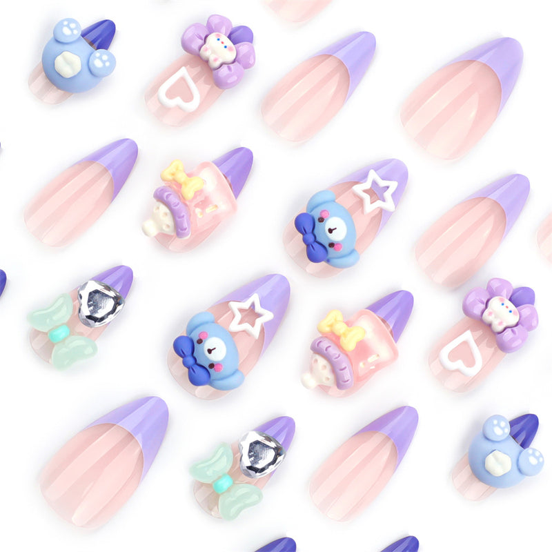 Fofosbeauty 24pcs Press on Nails, Fake Nails, Full Cover Acrylic Nails for Girls Women Kids, Almond Kid Elephant Cartoon 3D Bow Purple