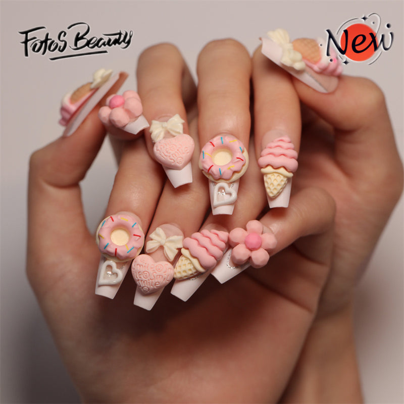 Fofosbeauty 24pcs Press on Nails, Fake Nails, Full Cover Acrylic Nails for Girls Women Kids, Coffin Sweet Icecream Cone Flower Pink