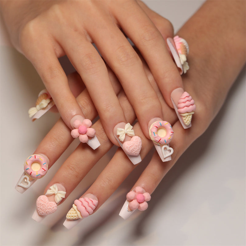 Fofosbeauty 24pcs Press on Nails, Fake Nails, Full Cover Acrylic Nails for Girls Women Kids, Coffin Sweet Icecream Cone Flower Pink