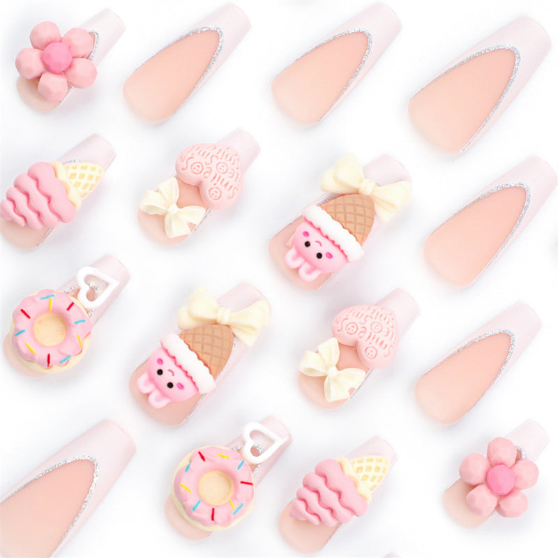 Fofosbeauty 24pcs Press on Nails, Fake Nails, Full Cover Acrylic Nails for Girls Women Kids, Coffin Sweet Icecream Cone Flower Pink