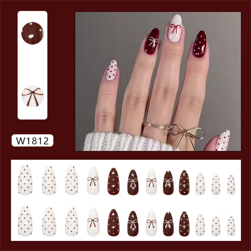 Fofosbeauty 24pcs Press on Nails, Fake Nails, Full Cover Acrylic Nails for Girls Women Kids, Almond Retro Polka Dot Bow Wine Red