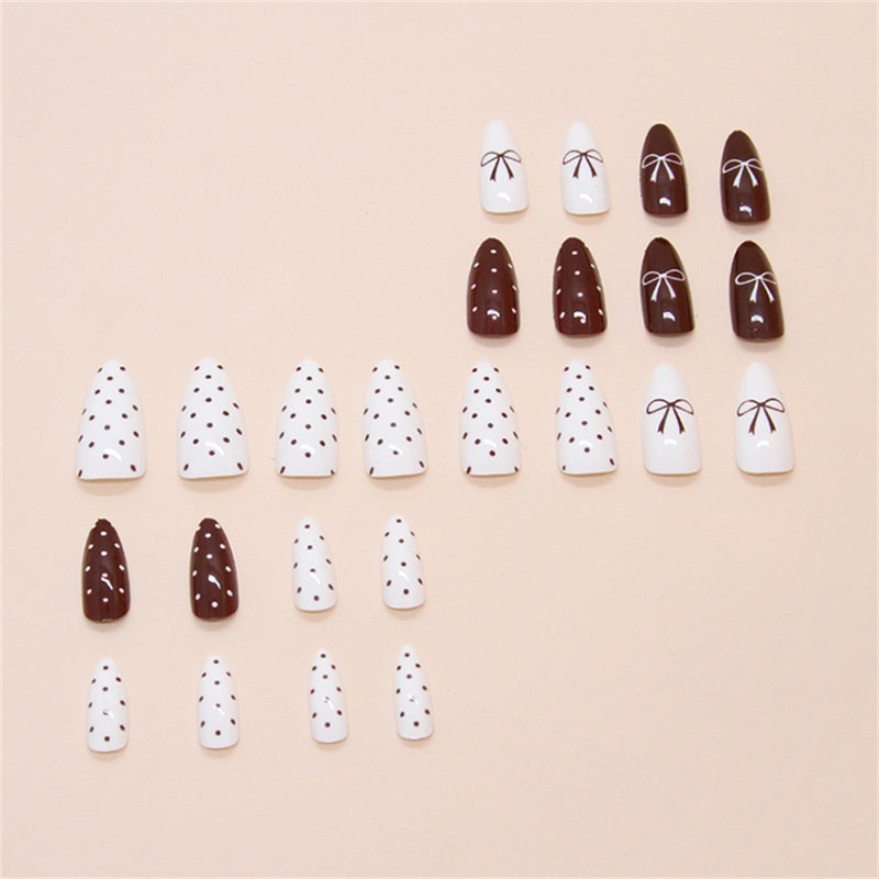 Fofosbeauty 24pcs Press on Nails, Fake Nails, Full Cover Acrylic Nails for Girls Women Kids, Almond Retro Polka Dot Bow Wine Red