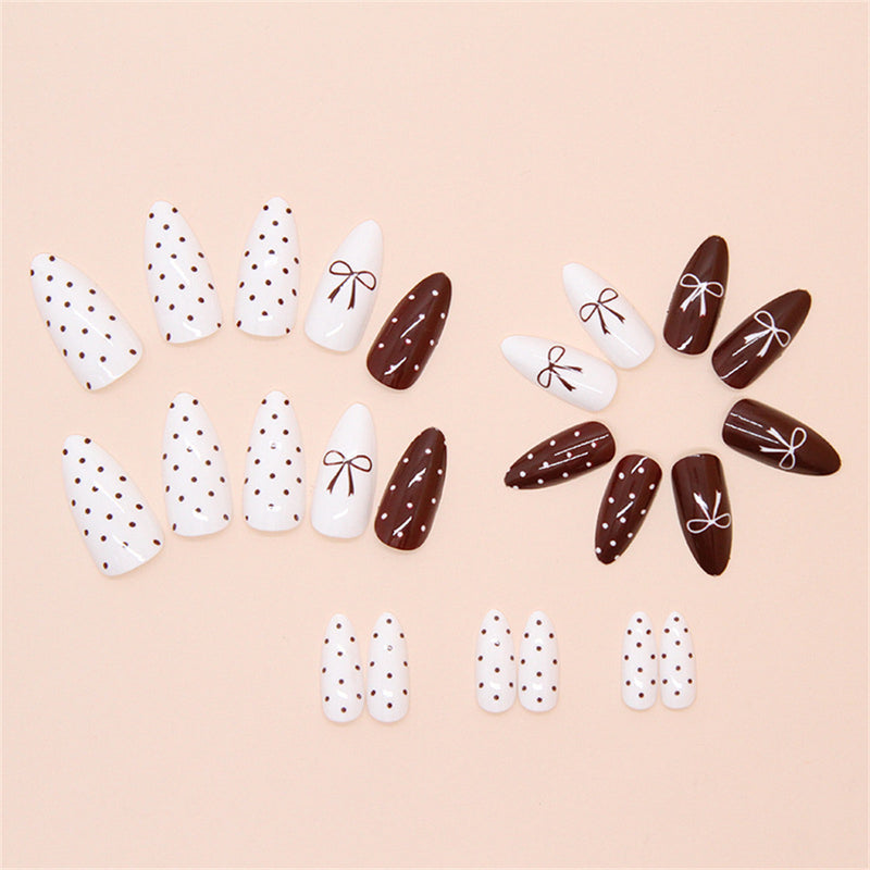 Fofosbeauty 24pcs Press on Nails, Fake Nails, Full Cover Acrylic Nails for Girls Women Kids, Almond Retro Polka Dot Bow Wine Red