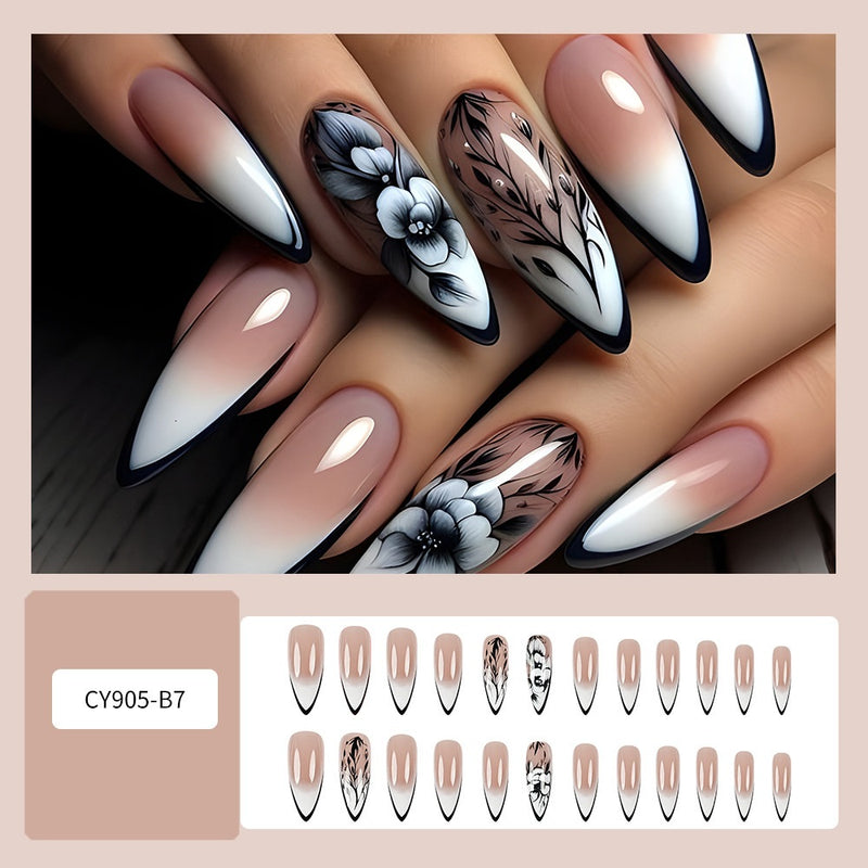 Fofosbeauty 24pcs Press on Nails, Fake Nails, Full Cover Acrylic Nails for Girls Women Kids, Almond Ink Flower Gradient Dark Black