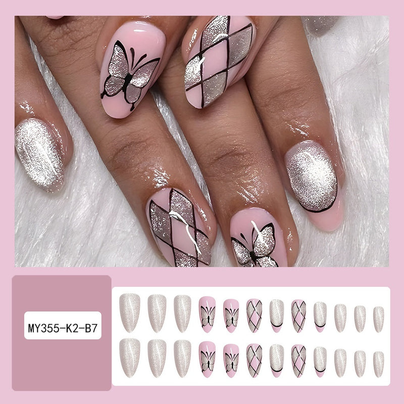 Fofosbeauty 24pcs Press on Nails, Fake Nails, Full Cover Acrylic Nails for Girls Women Kids, Almond Check French Butterfly Silver Pink Edge