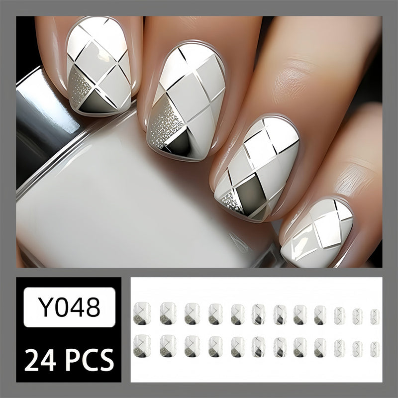 Fofosbeauty 24pcs Press on Nails, Fake Nails, Full Cover Acrylic Nails for Girls Women Kids, Square Gray White Diamond Pattern