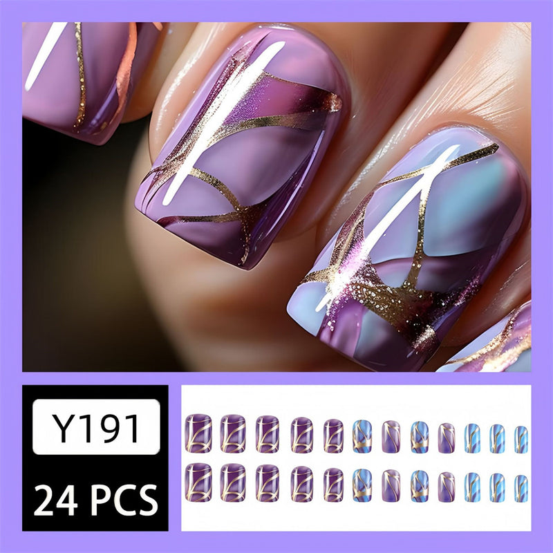 Fofosbeauty 24pcs Press on Nails, Fake Nails, Full Cover Acrylic Nails for Girls Women Kids, Square Fashion Special Purple Stripes