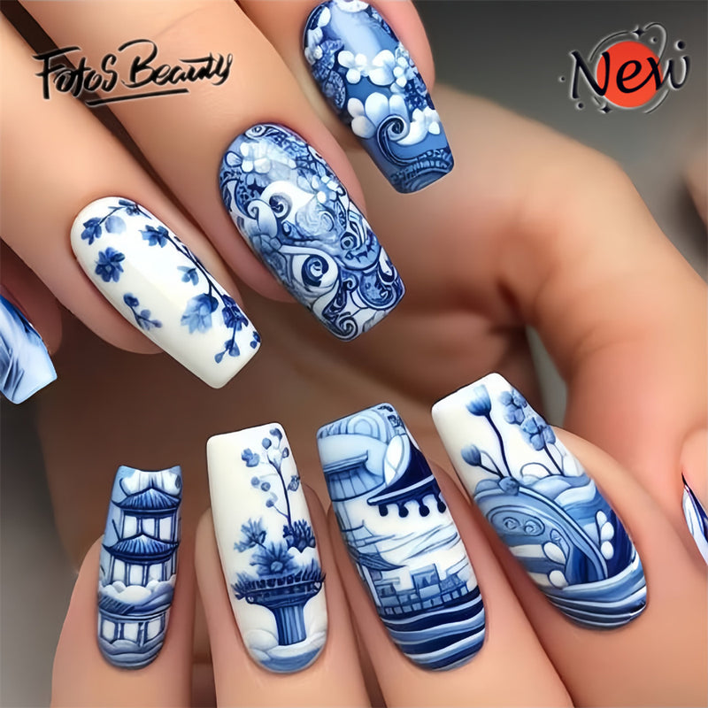 Fofosbeauty 24pcs Press on Nails, Fake Nails, Full Cover Acrylic Nails for Girls Women Kids, Coffin Blue White Porcelain Pattern