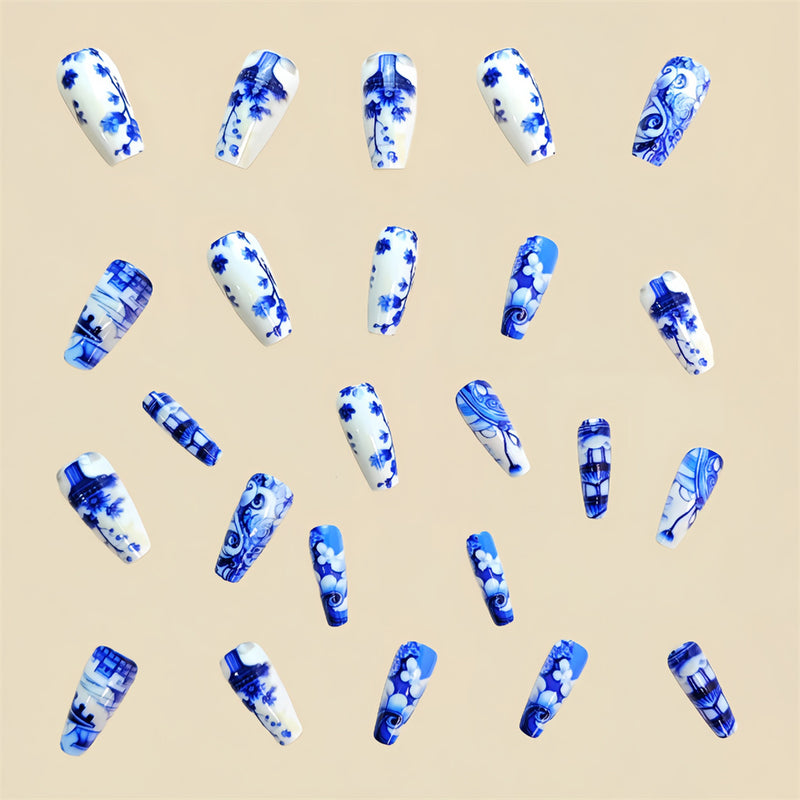 Fofosbeauty 24pcs Press on Nails, Fake Nails, Full Cover Acrylic Nails for Girls Women Kids, Coffin Blue White Porcelain Pattern