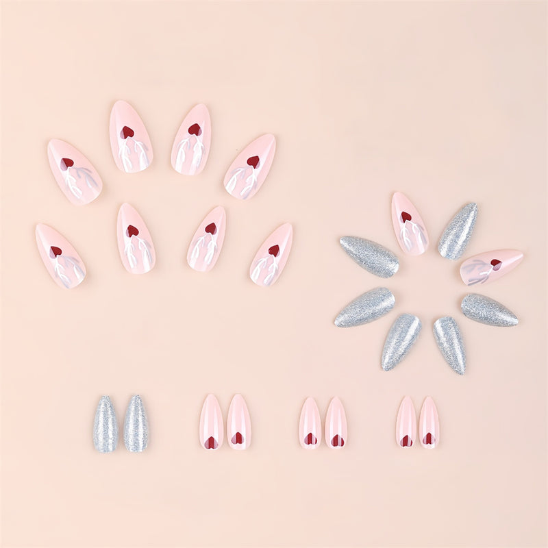 Fofosbeauty 24pcs Press on Nails, Fake Nails, Full Cover Acrylic Nails for Girls Women Kids, Almond Christmas Love Heart Elk Pink Silver