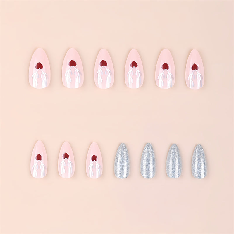 Fofosbeauty 24pcs Press on Nails, Fake Nails, Full Cover Acrylic Nails for Girls Women Kids, Almond Christmas Love Heart Elk Pink Silver