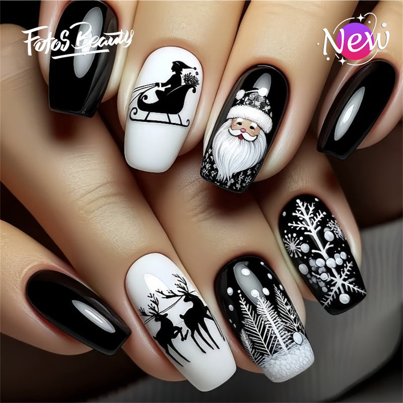 Fofosbeauty 24pcs Press on Nails, Fake Nails, Full Cover Acrylic Nails for Girls Women Kids, Coffin Christmas Santa Sleigh Elk Black