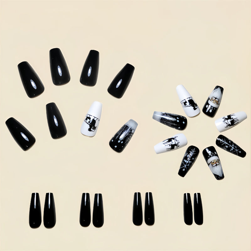 Fofosbeauty 24pcs Press on Nails, Fake Nails, Full Cover Acrylic Nails for Girls Women Kids, Coffin Christmas Santa Sleigh Elk Black