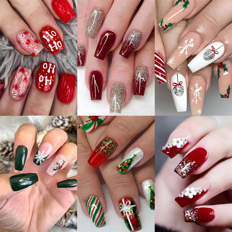 Fofosbeauty 6 Packs(144pcs) Christmas Nails, Press on Nails, Full Cover Acrylic Nails for Girls Women, Coffin Red Green Simplicity Snowflakes Trees, 23