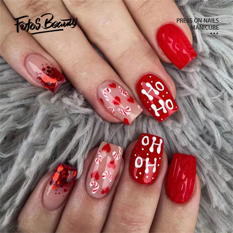 Fofosbeauty 6 Packs(144pcs) Christmas Nails, Press on Nails, Full Cover Acrylic Nails for Girls Women, Coffin Red Green Simplicity Snowflakes Trees, 23