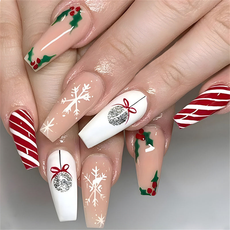 Fofosbeauty 6 Packs(144pcs) Christmas Nails, Press on Nails, Full Cover Acrylic Nails for Girls Women, Coffin Red Green Simplicity Snowflakes Trees, 23