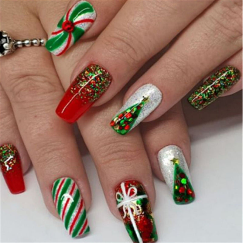 Fofosbeauty 6 Packs(144pcs) Christmas Nails, Press on Nails, Full Cover Acrylic Nails for Girls Women, Coffin Red Green Simplicity Snowflakes Trees, 23