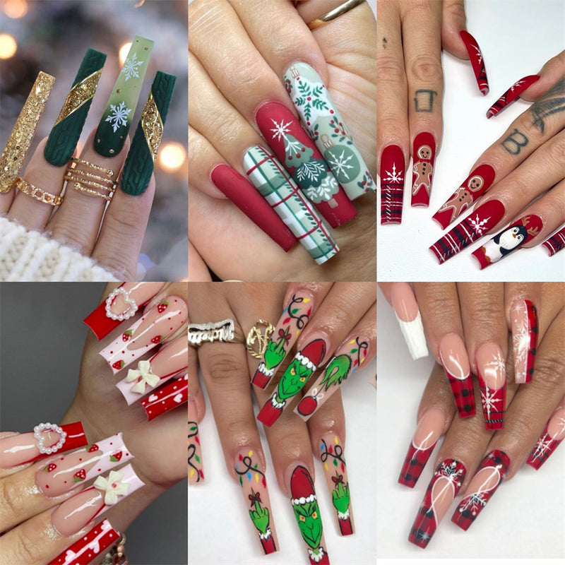 Fofosbeauty 6 Packs(144pcs) Christmas Nails, Press on Nails, Full Cover Acrylic Nails for Girls Women, Coffin Green Red Luxury Snowflakes Trees, 24