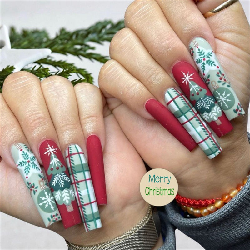 Fofosbeauty 6 Packs(144pcs) Christmas Nails, Press on Nails, Full Cover Acrylic Nails for Girls Women, Coffin Green Red Luxury Snowflakes Trees, 24