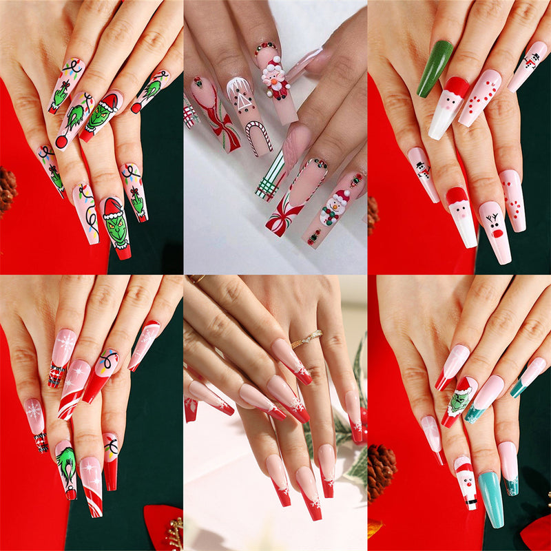 Fofosbeauty 6 Packs(144pcs) Christmas Nails, Press on Nails, Full Cover Acrylic Nails for Girls Women, Coffin Red Green Fashion Snowflakes Snowman, 26