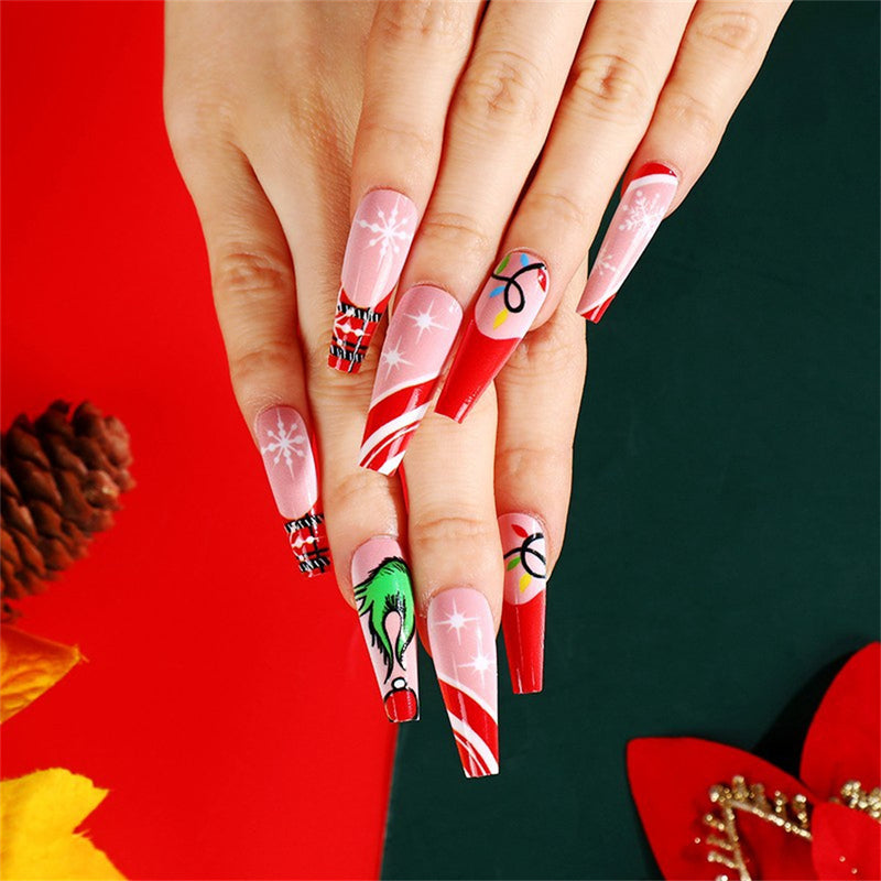 Fofosbeauty 6 Packs(144pcs) Christmas Nails, Press on Nails, Full Cover Acrylic Nails for Girls Women, Coffin Red Green Fashion Snowflakes Snowman, 26