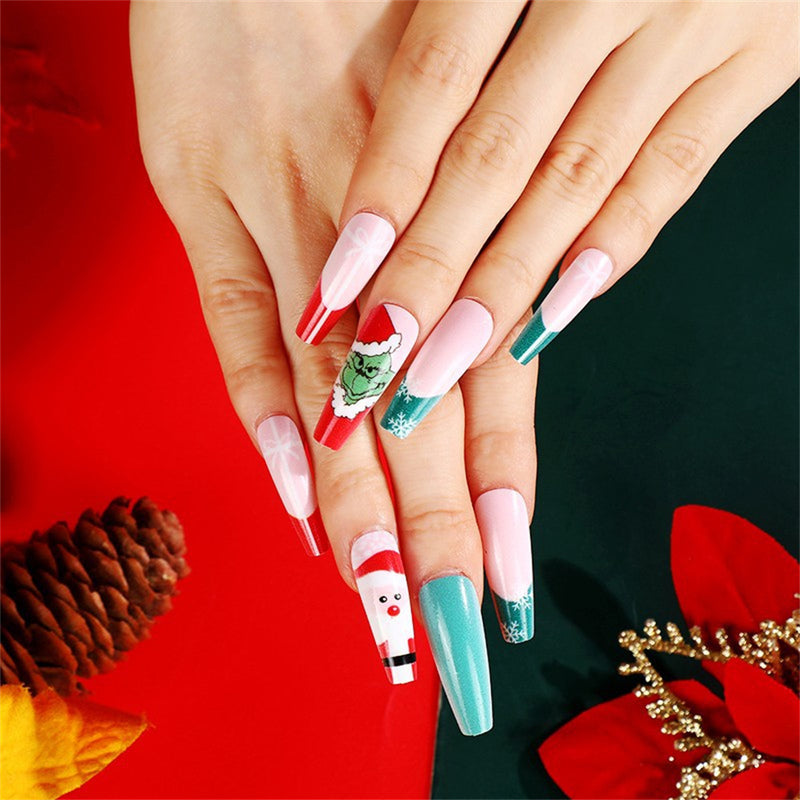 Fofosbeauty 6 Packs(144pcs) Christmas Nails, Press on Nails, Full Cover Acrylic Nails for Girls Women, Coffin Red Green Fashion Snowflakes Snowman, 26