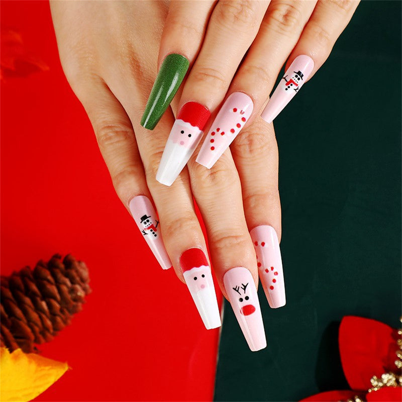 Fofosbeauty 6 Packs(144pcs) Christmas Nails, Press on Nails, Full Cover Acrylic Nails for Girls Women, Coffin Red Green Fashion Snowflakes Snowman, 26